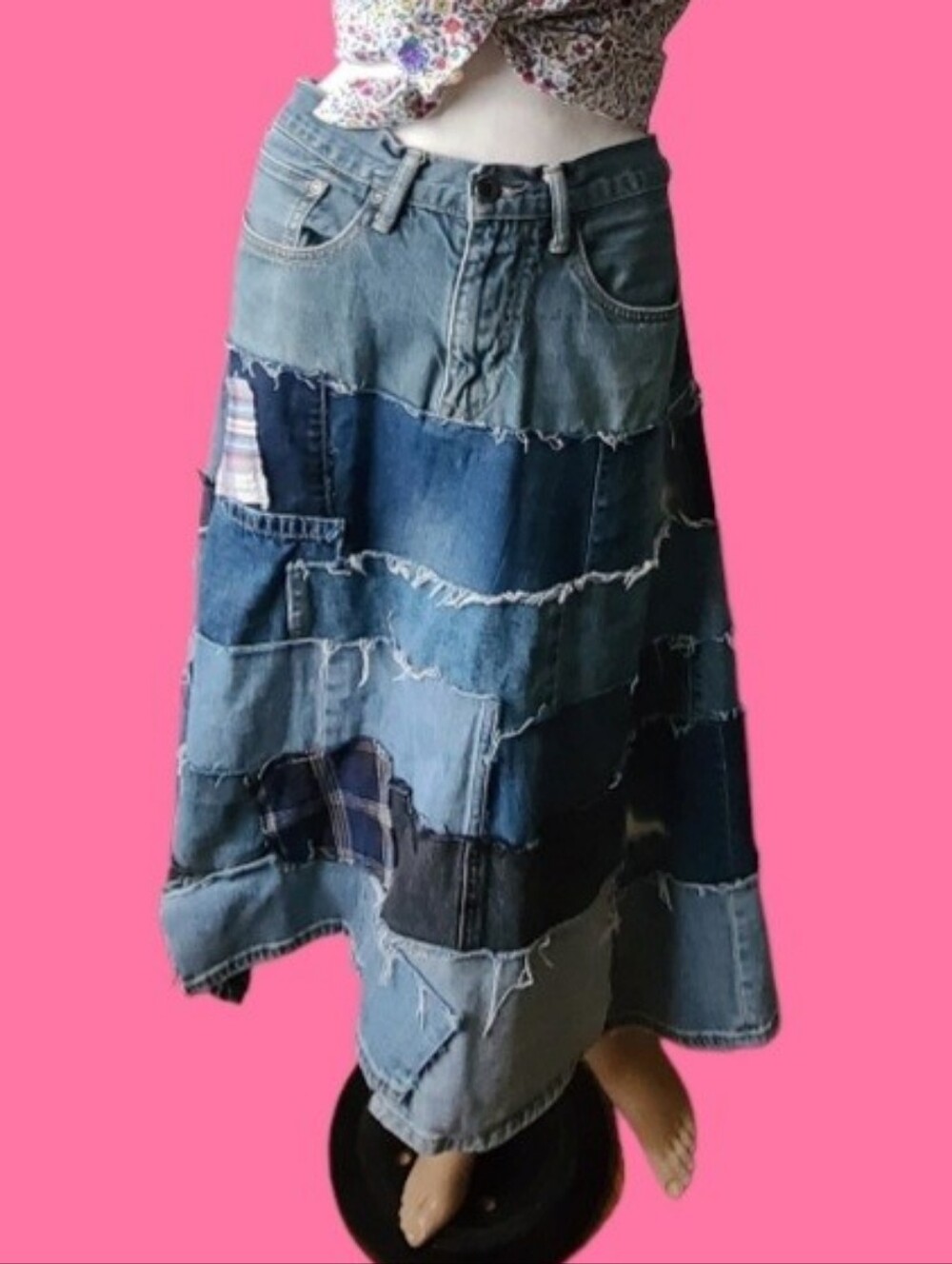 Upcycled Handmade Patchwork Denim Skirt Plus Size Approx 3X 41" Waist